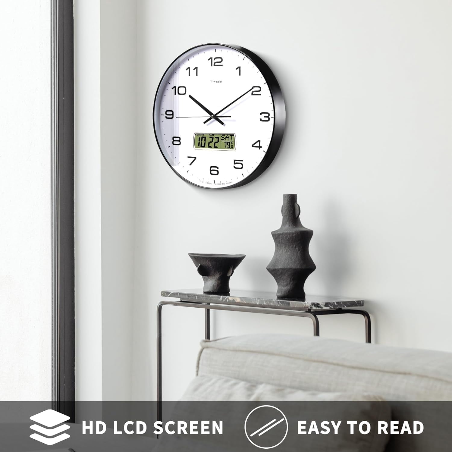 TIMESS 14" Analog Wall Clock with Date Display, Battery Operated Modern Clock for Living Room (Black)