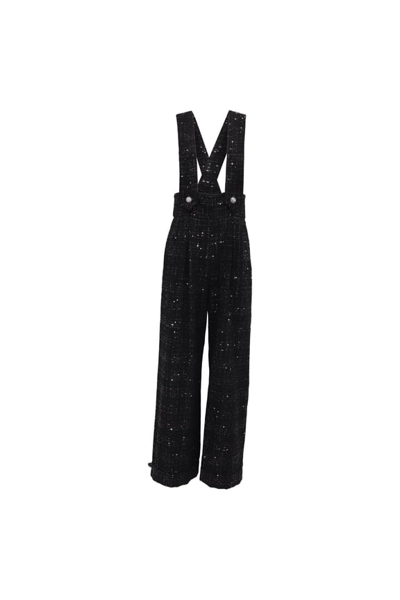 Pre-Owned Maje Embellished Tweed Wide-Leg Overall Trousers in Black Cotton