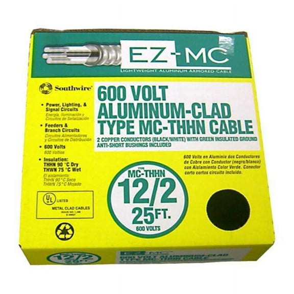 Southwire Company 25 12-2 Type MC Cable Aluminum  25 12-2 Type MC Cable Aluminum 0.485in. Nominal Outside Diameter