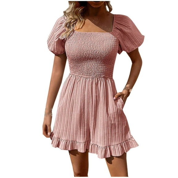 aidice Summer Rompers for Women Casual Square Neck Puff sleeve Smocked Ruffle Wide Leg Shorts Jumpsuits