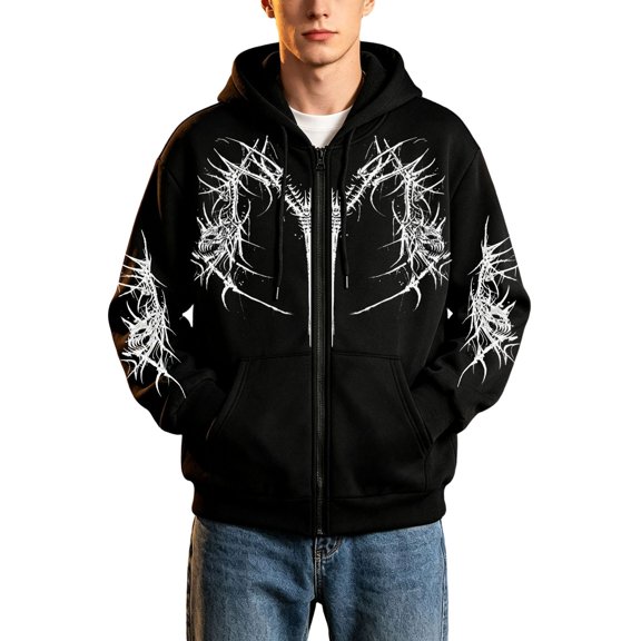 Mens Hoodies Long Sleeved Print Full Zip Up Hoodie Sweatshirt with Pocket Cozy Outfits Pullover