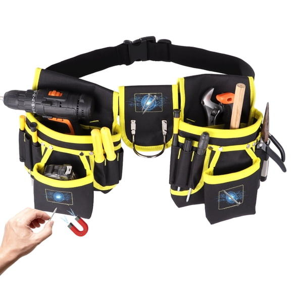 26-Pocket Tool Belt for Men, Heavy Duty Tool Belt with Adjustable Quick-Release Buckle, Strong Attachment Force Design, Detachable Pouches, and Hammer Holder for Electricians, Construction, DIY