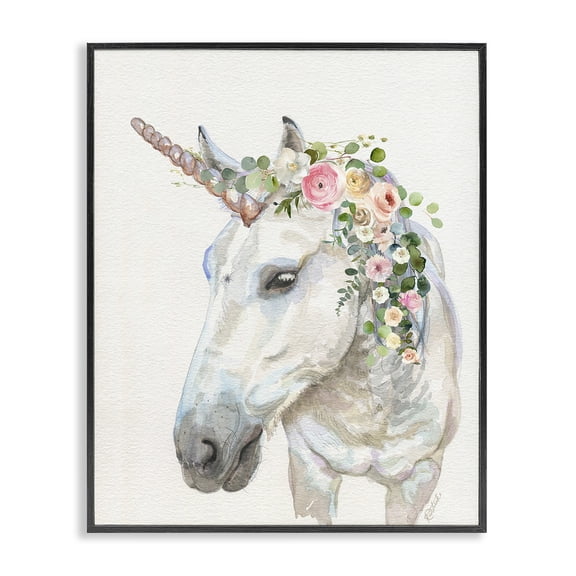 Stupell Industries Eclectic Unicorn & Flower Garland Black Framed Giclee Art, 11 x 14, by Jennifer Redstreake