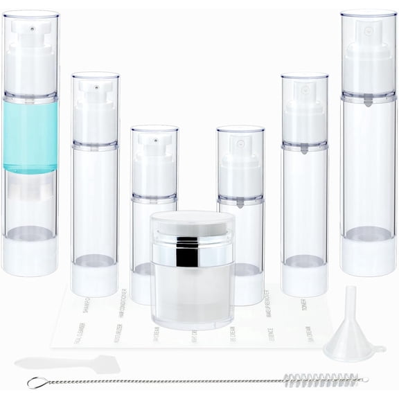 CEYAZYE Airless Pump Jar & Airless Pump Bottles Set of 11, Moisturizer Pump,Clear Travel Spray Bottle, Travel Containers Kit for Creams with Accessories