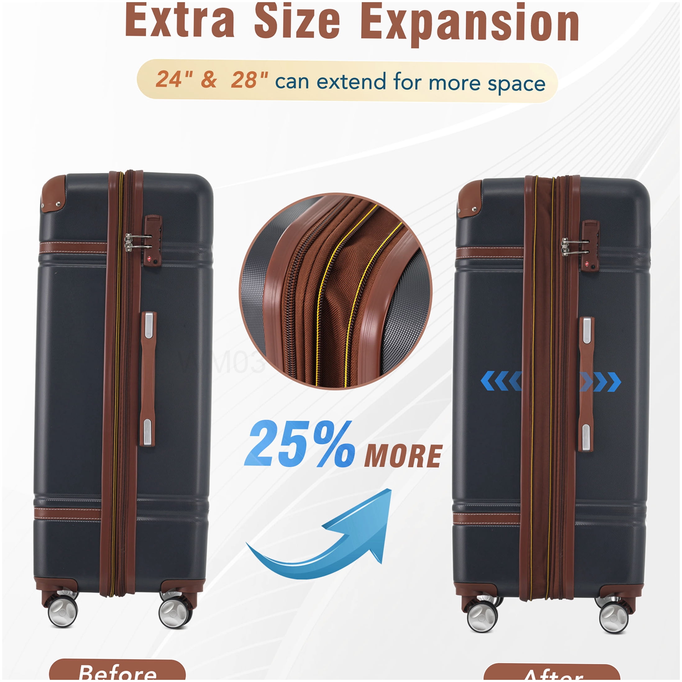 3-Piece Black Hardside Spinner Luggage Set with TSA Lock, 20" Carry-On & 28" Checked Suitcase & Toiletry Bag