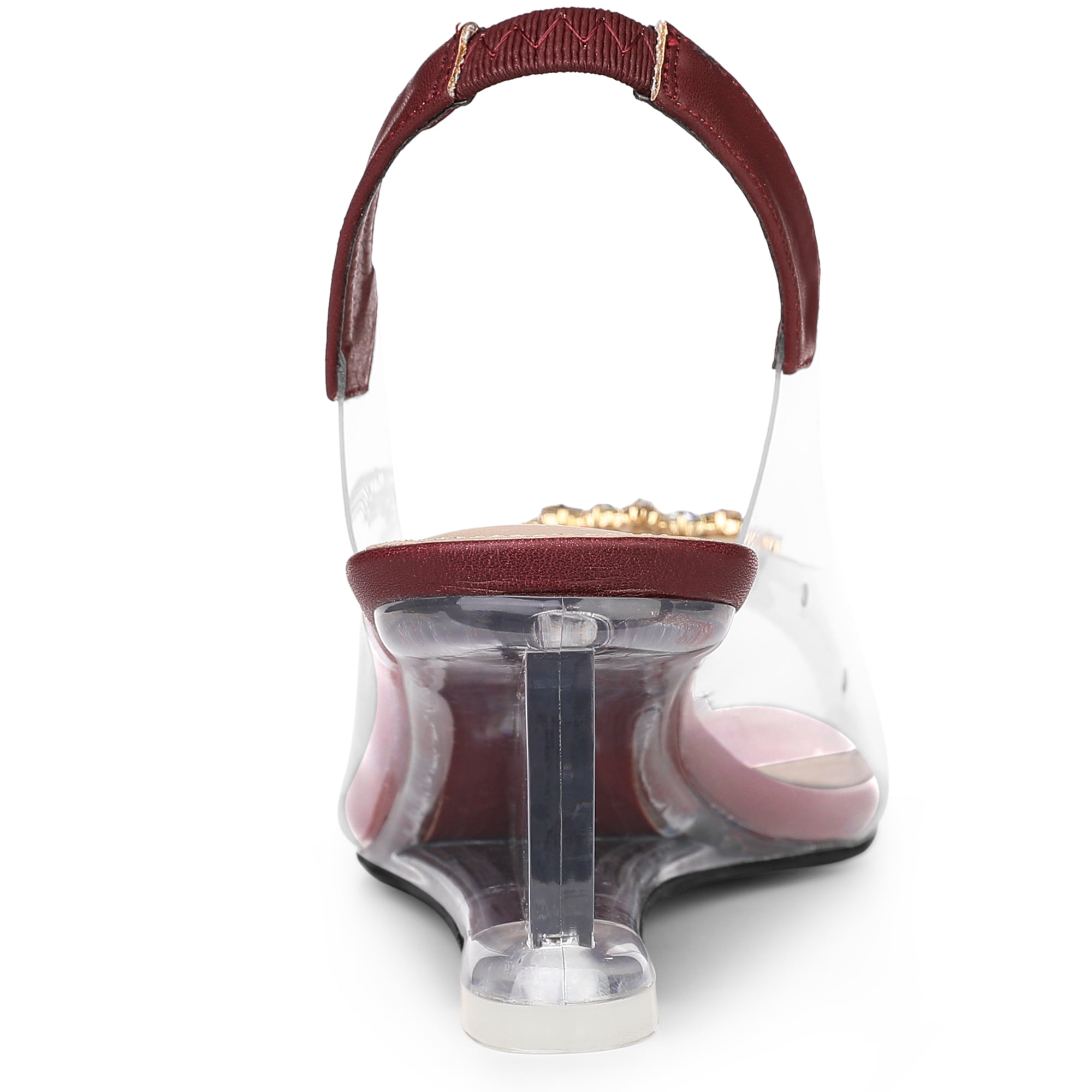 DARING DIVA Women's Clear Slingback Wedges Rhinestone Peep Toe Heels Burgundy 8
