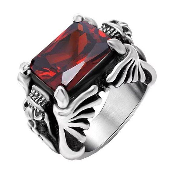 PAMTIER Men's Stainless Steel Silver Plated Domineering Dragon Head Claw Red Square Gem Stone Ring Vintage Punk Gothic Biker Red Size 8