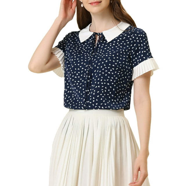 INSPIRAR CHIC Blusas de Mujer con Cuello de Muñeca en Contraste y Mangas Cortas con Lunares Talla S Azul Oscuro