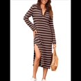 thumbnail image 2 of Vestido de Suéter A Rayas para Mujer, Otoño, de Punto Grueso, Cuello en V, Larga, Abertura, Holgado, Midi. Marrón XXL, 2 of 9