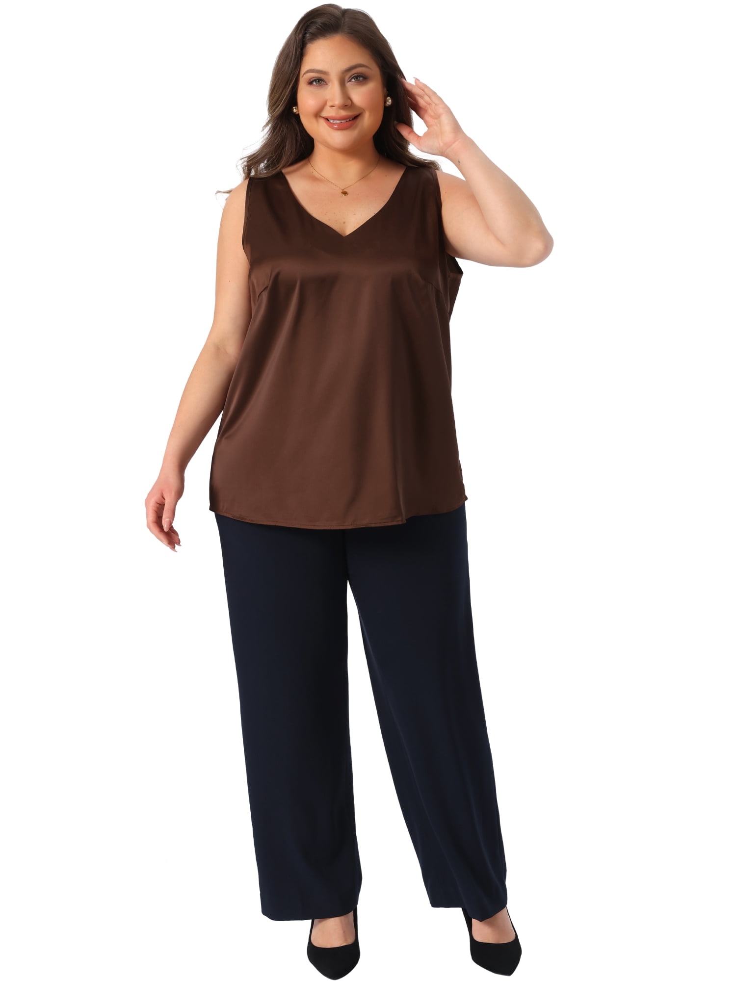 DARING DIVA Women's Plus Casual Silk Satin Tank Top V Neck Cami Blouse 2X Dark Brown