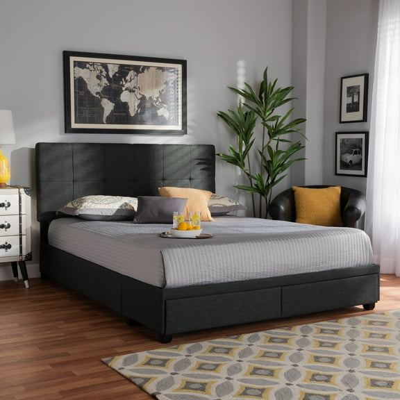 Baxton Studio Netti Dark Grey Fabric Upholstered 2-Drawer King Size Platform Storage Bed