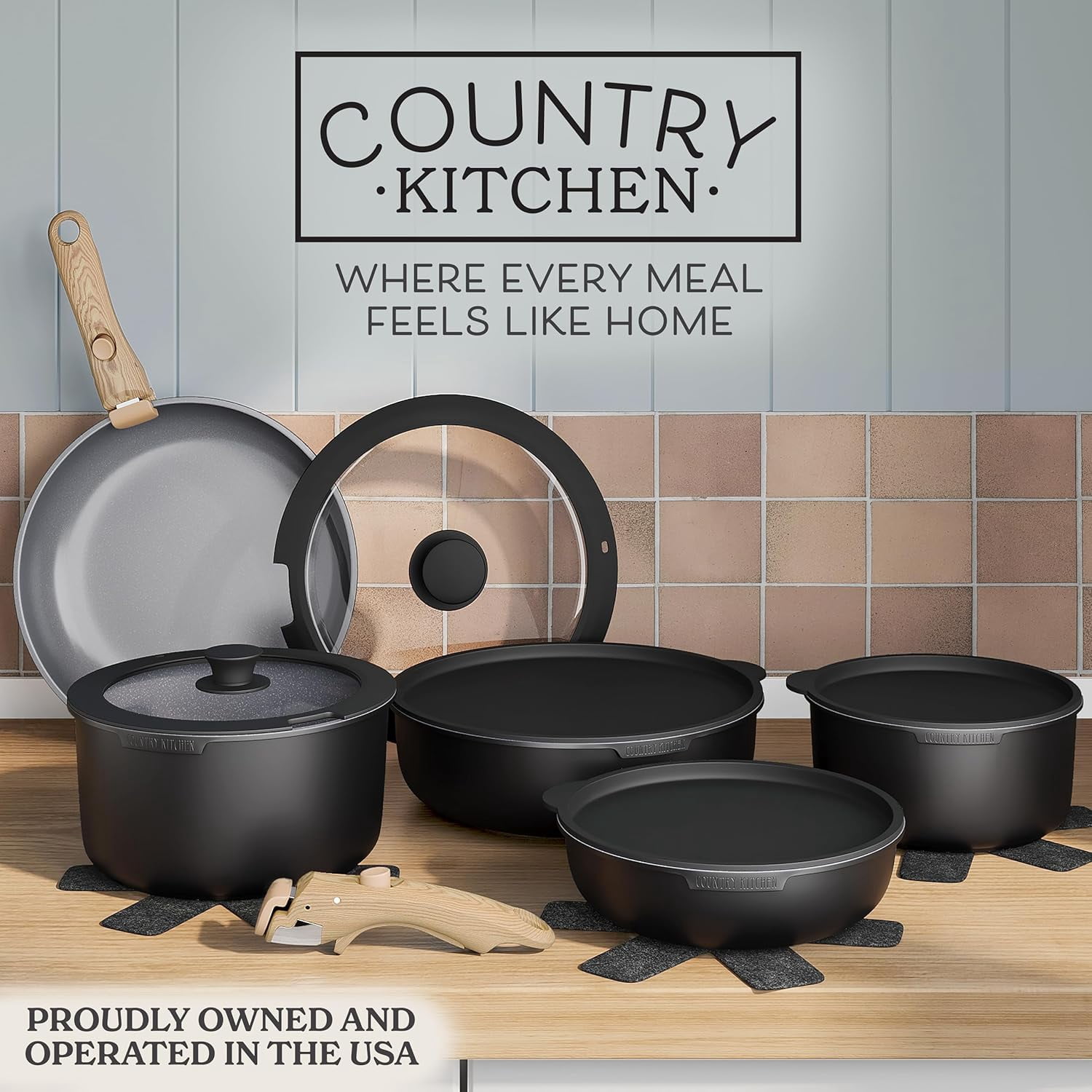 Country Kitchen Pots and Pans Cookware Set, 16-Piece, Ceramic Coated, Removable Handle, Black/Grey
