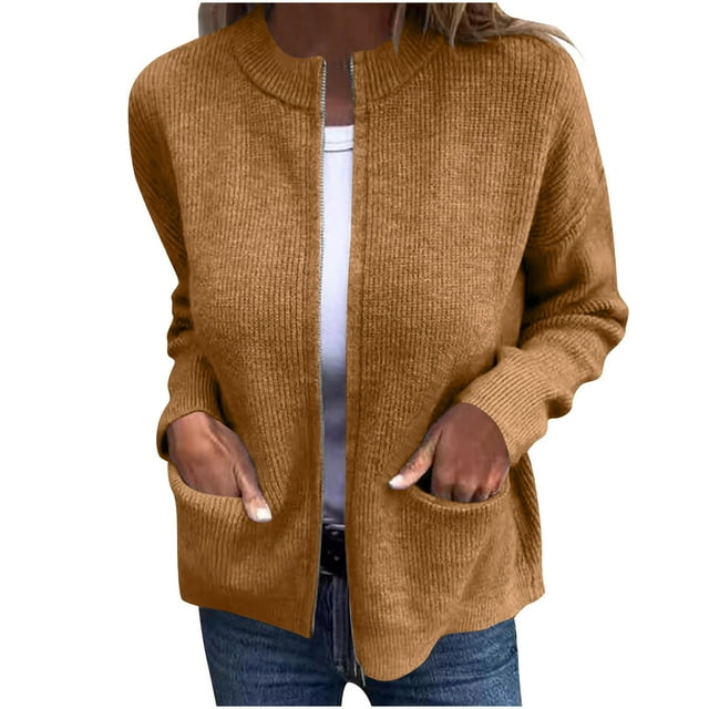Mgmyaa Veste en Tricot pour Femmes Manches Longues Rayée avec Poches Cardigan à Fermeture Éclair