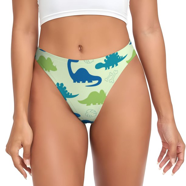Balery Cute Dinosaur Blue Green Tangas de Algodón para Mujer con Estampado – Ropa Interior Sexy, Transpirable, G-string-Small