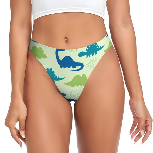 Fotbe Cute Dinosaur Blue Green Tanga Sin Costuras para Mujer con Estampado – Panties Invisibles, Transpirables y Cómodos para Uso Diario-Small