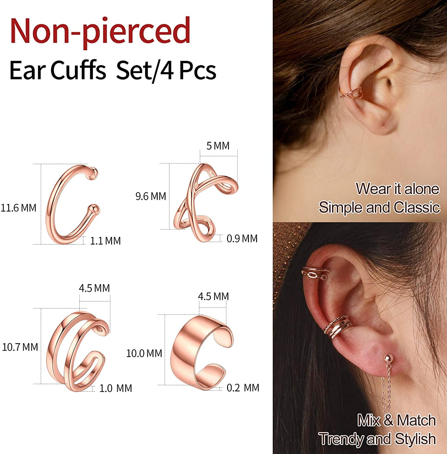 ChicSilver 4 PCS S925 Sterling Silver Criss Cross Ear Clips Non Piercing Earrings Sets Ear Cuff Cartilage Earring for Women(Rose Gold) | Clearance