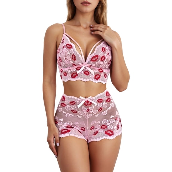 BRICH Women's 2 Piece Lace Lingerie Sets Heart Lip Graphic Bralettes Boyshorts Set Nightwear Pink XL