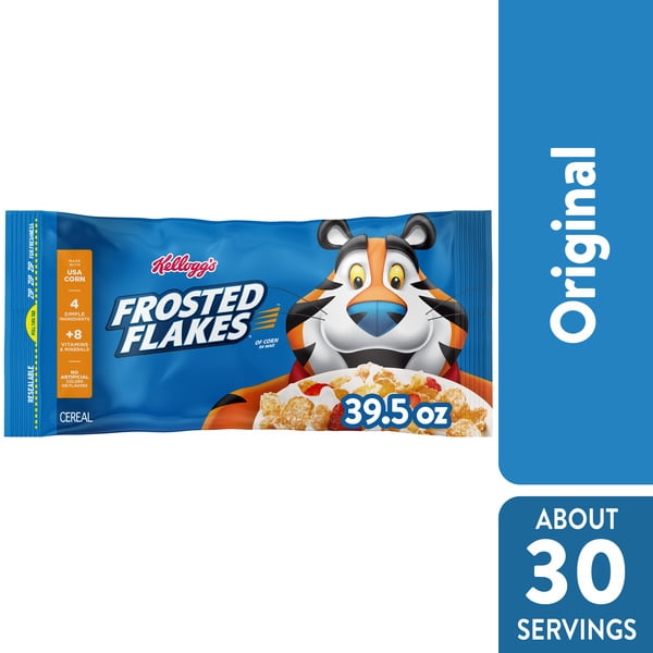 Frosted Flakes Cold Breakfast Cereal, 8 Vitamins and Minerals, Kids Snacks, Original, Bag (1 Bag) with pan
