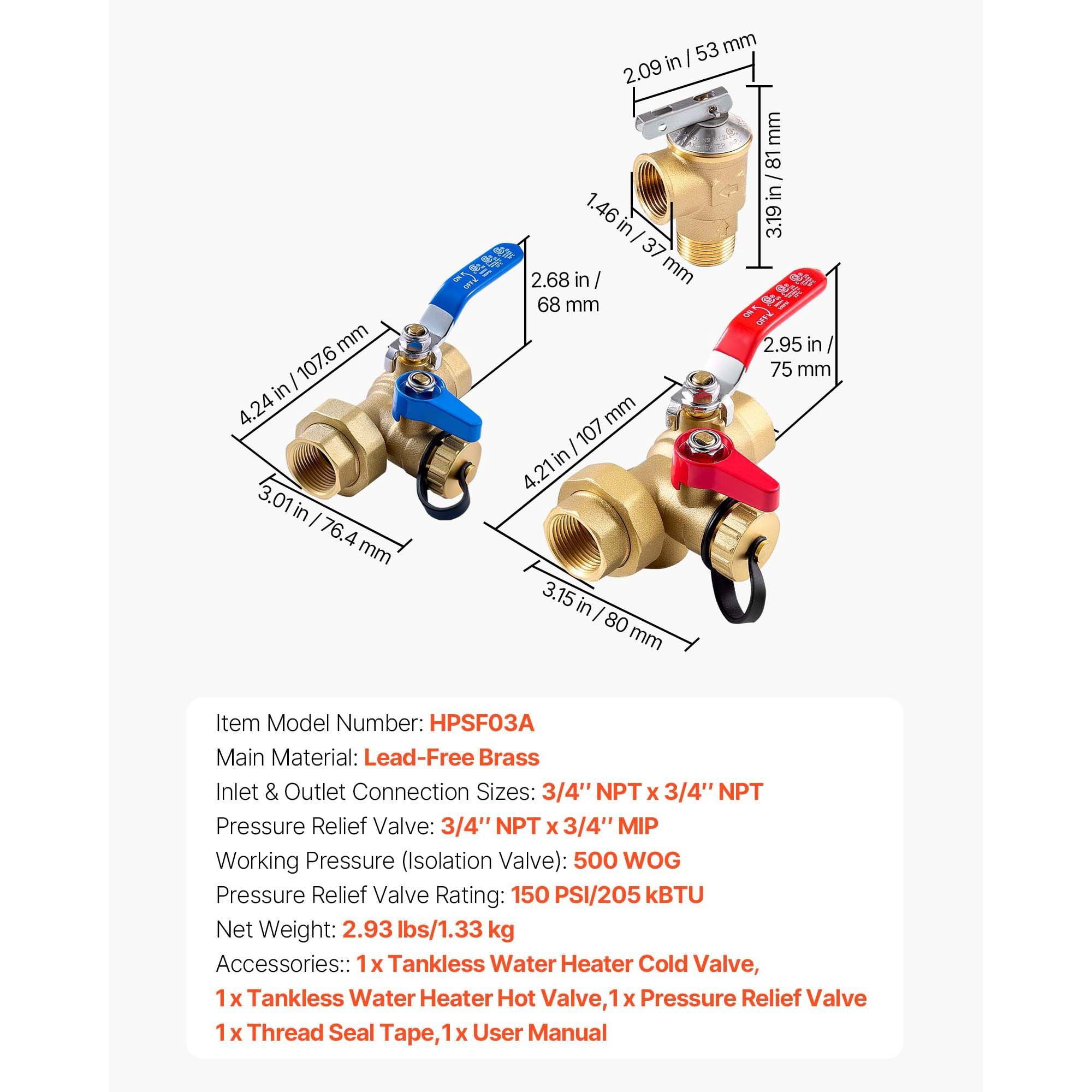 Tankless Water Heater Installation Kit Isolation Service Valve 3/4" Lead-Free Brass SUS304 for Gas Tankless Water Heaters