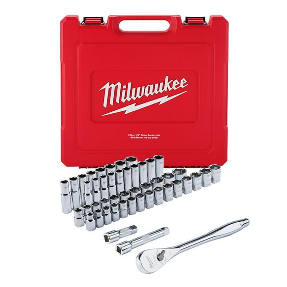 Milwaukee 48-22-9010 47pc 1/2" Drive Metric & SAE Ratchet and Socket Set with FOUR FLAT Sides