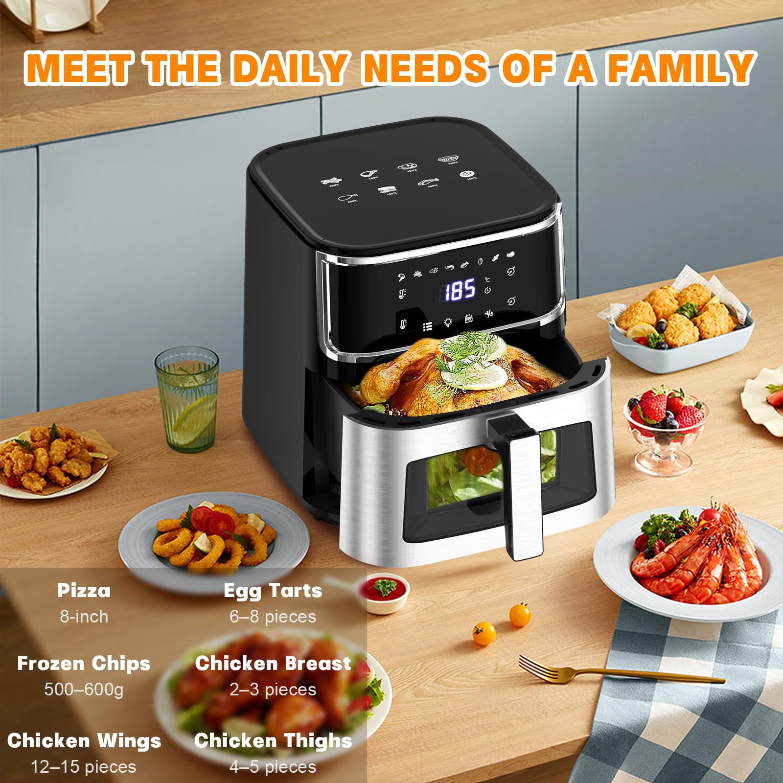 Yilush Multifunctional Digital Air Fryer+ Rotisserie, Dehydrator, Convection Oven, 17 Touch Screen Presets Fry, Roast, Dehydrate, Bake, XL 7L Family Size, Auto Shutoff, Large Easy-View Window, Black