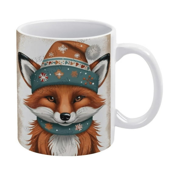 Christmas Coffee Mug - Fox Porcelain Cup Ceramic Coffee and Tea Mug - 330 ml / 11 oz White Ceramic Mug