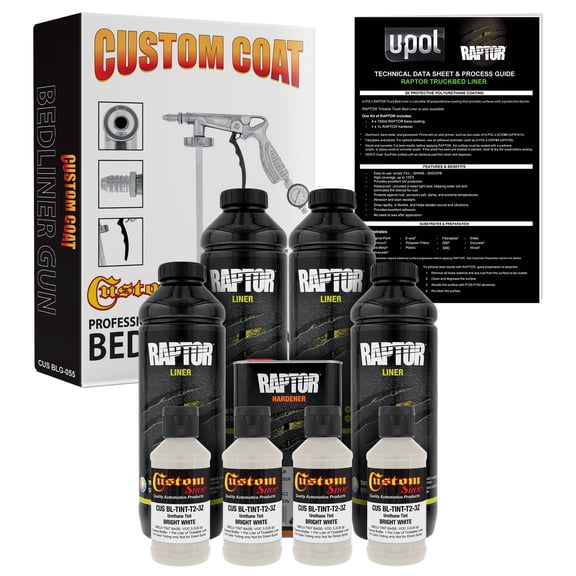 U-POL Raptor Bright White Urethane Spray-On Truck Bed Liner Kit w/ FREE Custom Coat Spray Gun with Regulator, 4 Liters