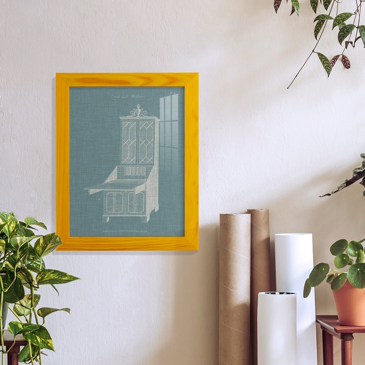Hepplewhite Desk & Bookcase IV - Framed Print w/glass - Sunflower Yellow