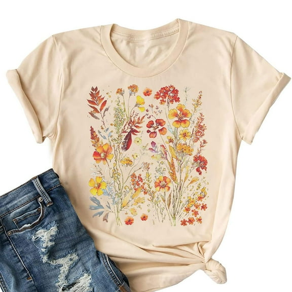 Summer Savings Clearance LINGLANG T Shirts for Women Short Sleeve Floral Print Colored Going Out Tops
