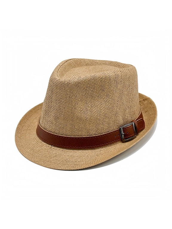 Straw Fedora Hat with Leather Buckle Classic Short Brim Summer Sun Hat for Men & Women Breathable Lightweight Panama Style Beach Cap for Vacation, Travel & Daily Wear Khaki