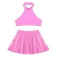 thumbnail image 5 of YONGHS Women's Shiny Metallic Halter Neck Crop Top + Mini Skirt Two Piece Rave Outfits Set Hot Pink L, 5 of 7