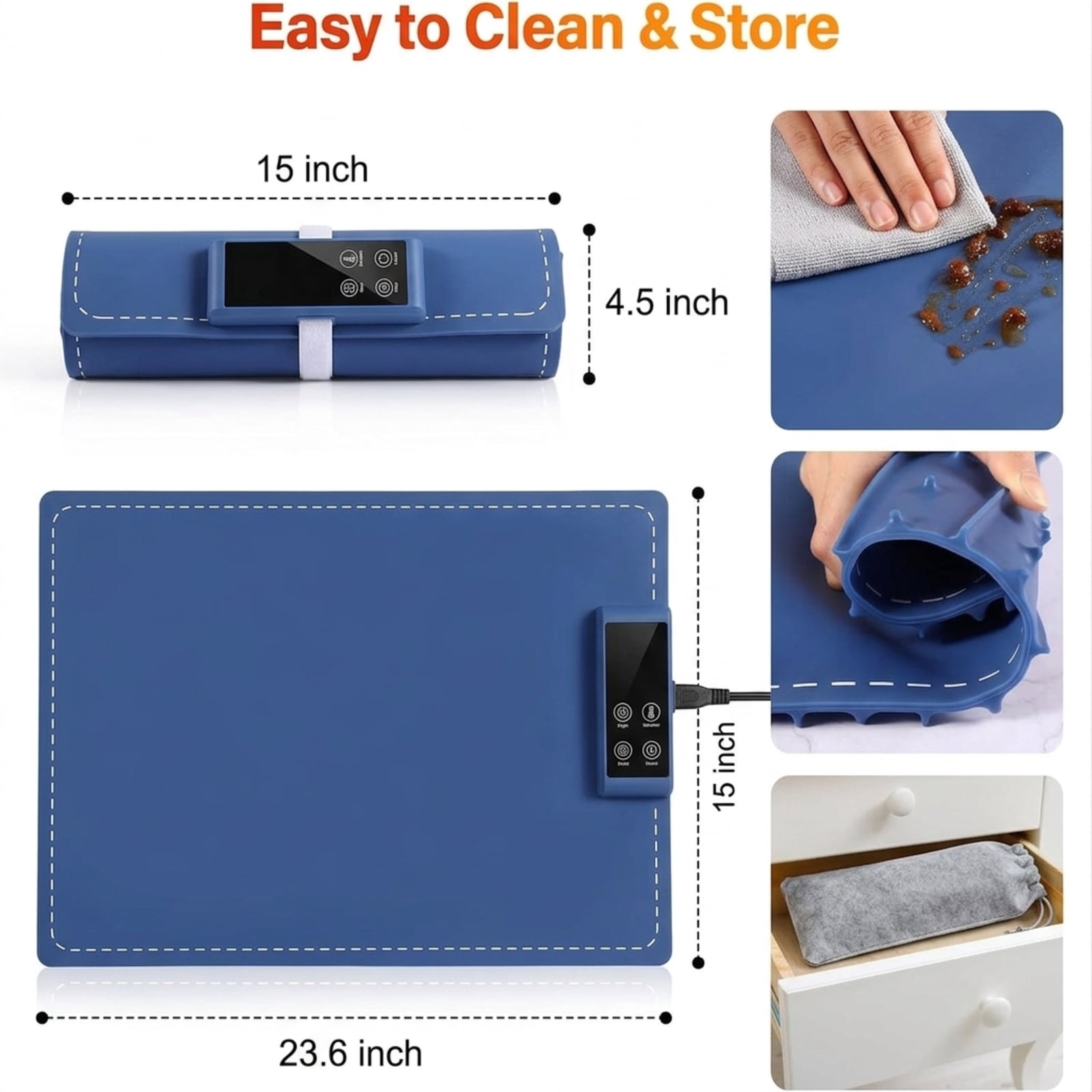 Fenbeli Food Warming Tray, Full-Surface Electric Heating Mat with 6 Temperature Levels, 5 Timer Settings, Foldable, Blue