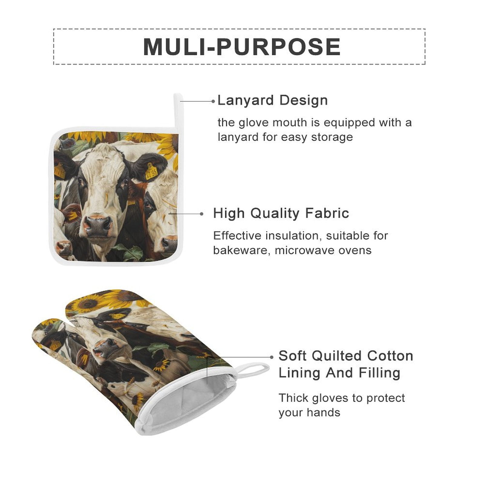 Farm Cows Oven Mitts And Pot Holders Sets of 4 Oven Gloves Set Potholders for Kitchen Cooking Baking Grilling Anti Scald Hot Pads And Heat Resistant
