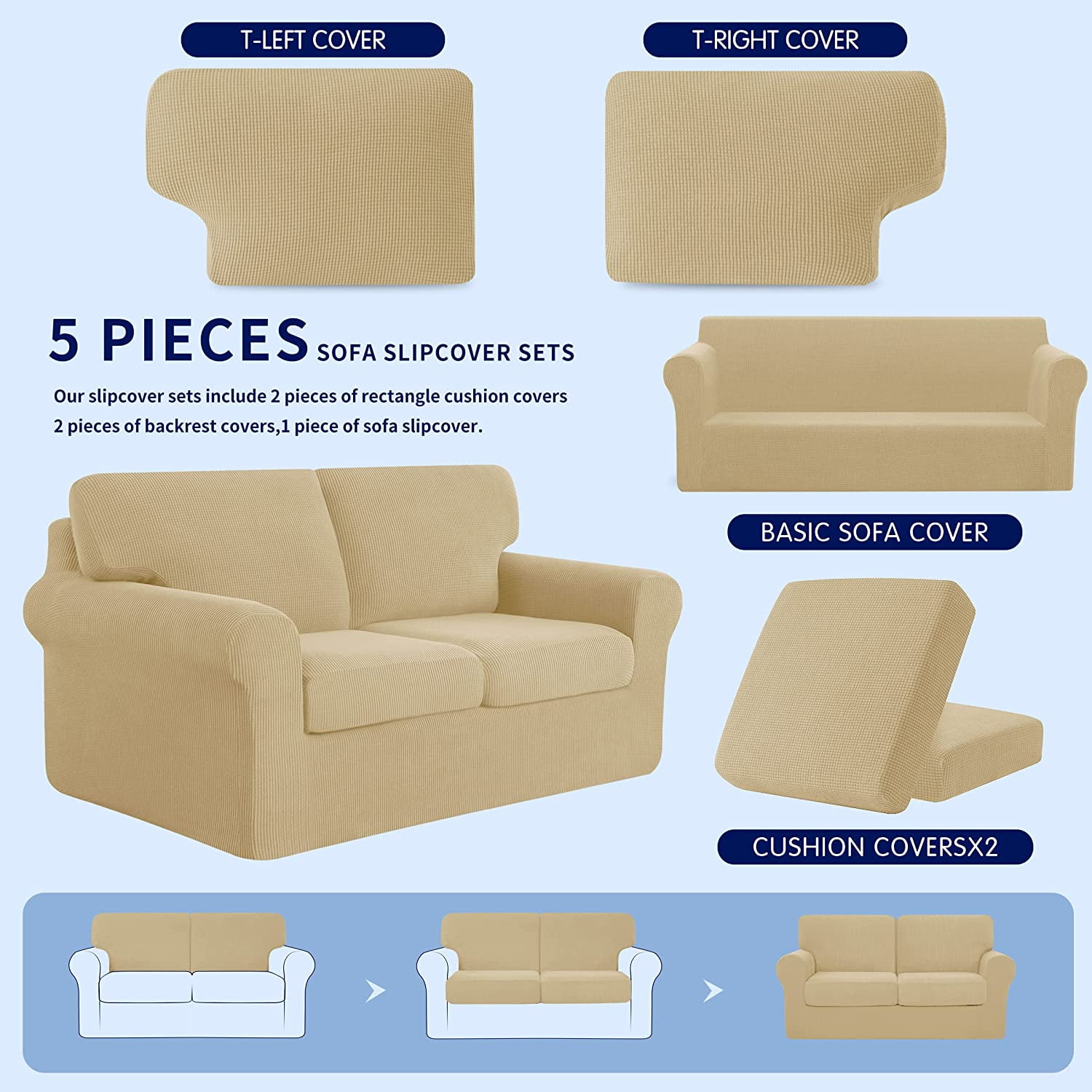Subrtex Sofa Slipcover Sets 5 Pieces Stretch Couch Cover Backrest Cushion Covers (Loveseat, Khaki)