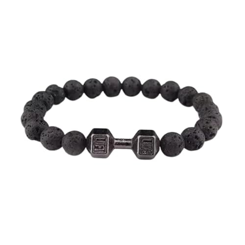 Handmade Lava Rock Beaded Dumbbell Bracelet For Men Women, Elastic Yoga Stretch Bracelet, Natural Stone, Boho Jewelry, Energy Bracelet Gift, 8mm (Black)