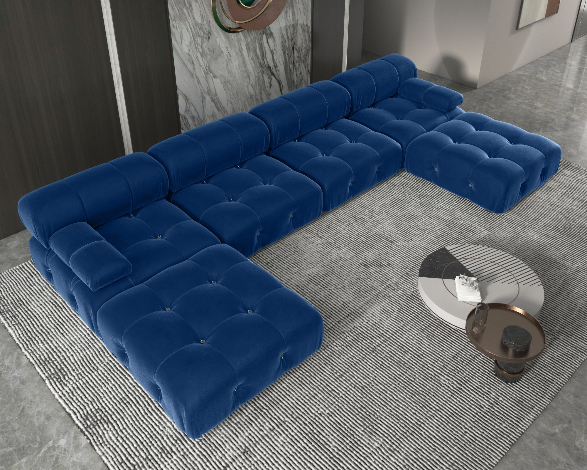 bokifol 139"Modular Sectional Sofa with Movable Ottomans for Living Room,6-Seat U Shaped Couch Sofa Set with Suede Fabric for Bedroom and Apartment,Blue