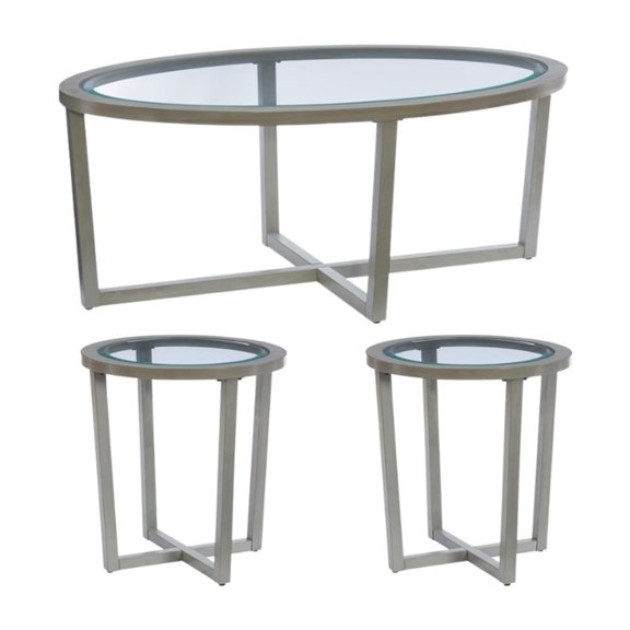Pemberly Row 3 Piece Round Table Set Living Room Set, Includes 1 Wooden Coffee Table and 2 End Tables with Glass Top in Sandstone