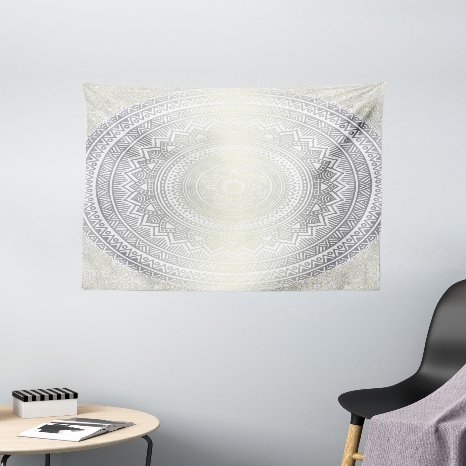 Grey and White Tapestry, Medallion Pattern Round Shape Mandala Hippie