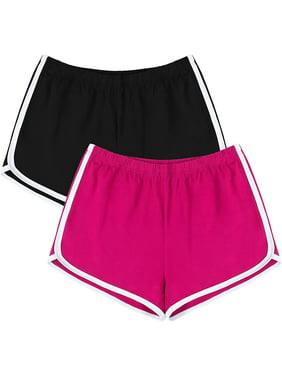 2 Pack Cotton Sport Shorts Yoga Dance Short Pants Summer Athletic Shorts, Black, Hot Pink (M)