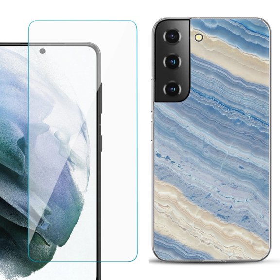 Slim-Fit TPU Fashion Phone Case for Samsung Galaxy S22 5G, with Tempered Glass Screen Protector, by OneToughShield ® - Marble/ Marina Blue