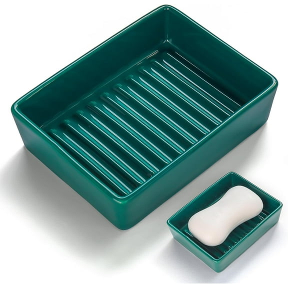 Simple Modern Ceramic Soap Dish for Bathroom Sink, Decorative Soap Holder, Soap Bar Holder with Higher Draining Ridges for Shower, Kitchen, Easy to Clean (Dark Green)