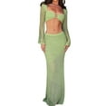 thumbnail image 2 of Suagox 2 Piece Set Women Hollow Out Knit Skirt Outfits Long Sleeve Rectangle Neck Crop Tops + Long Skirts Female  Beach 2pcs Sets, 2 of 9