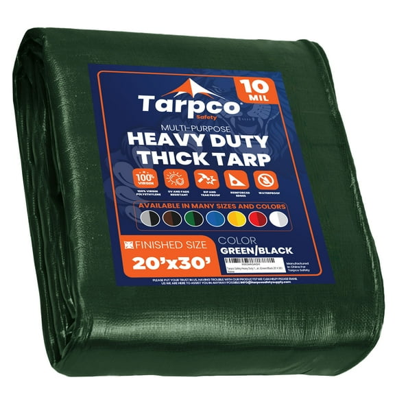 Tarpco Safety 10 Mil Extra Heavy Duty Tarp Camping Tarpaulin Waterproof Cover, Green and Black 20 x 30Ft