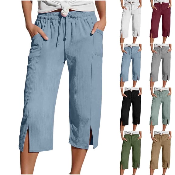 Lcziwo Women's Cotton Capri Pants Side Slit Drawstring Pockets Solid Trousers Elastic High Waisted Summer Vacation Capris 2026 Gray,M