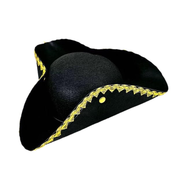Sombrero pirata elegante de para cumpleaños, fiestas, disfraces y actuaciones en escenario. Ala de sombrero dorada