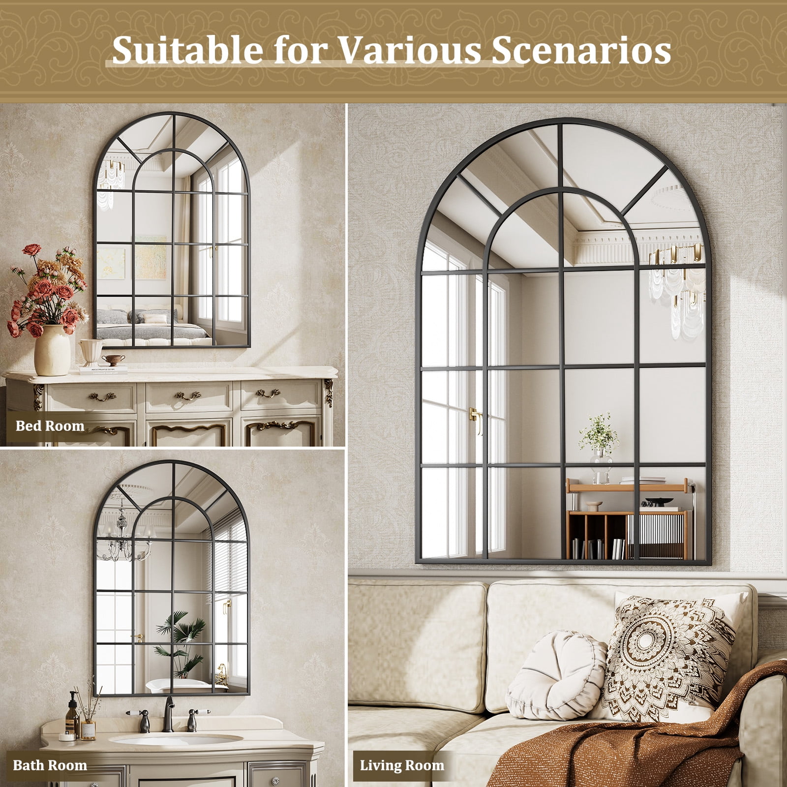 SHATTERVIEW 36" x 24" Windowpane Arched Mirror Bathroom Decorative Wall Mirror, Black