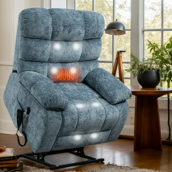 HK DONEXT Electric Power Lift Recliner Chair Sofa with 8 Point Massage and Heat for Elderly 3 Positions, 2 Side Pockets Chenille (Blue Oversize)