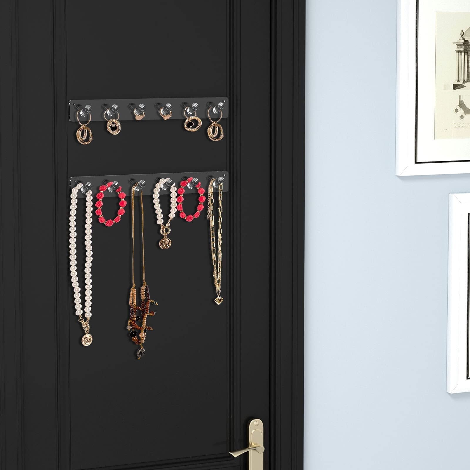 Necklace Holder, Acrylic Necklace Organizer Wall Mounted with 12 Hooks, for Hanging Necklace, Jewelry, Bangles, Bracelets and Rings, Best Gifts for Girls and Women(2 PACK)