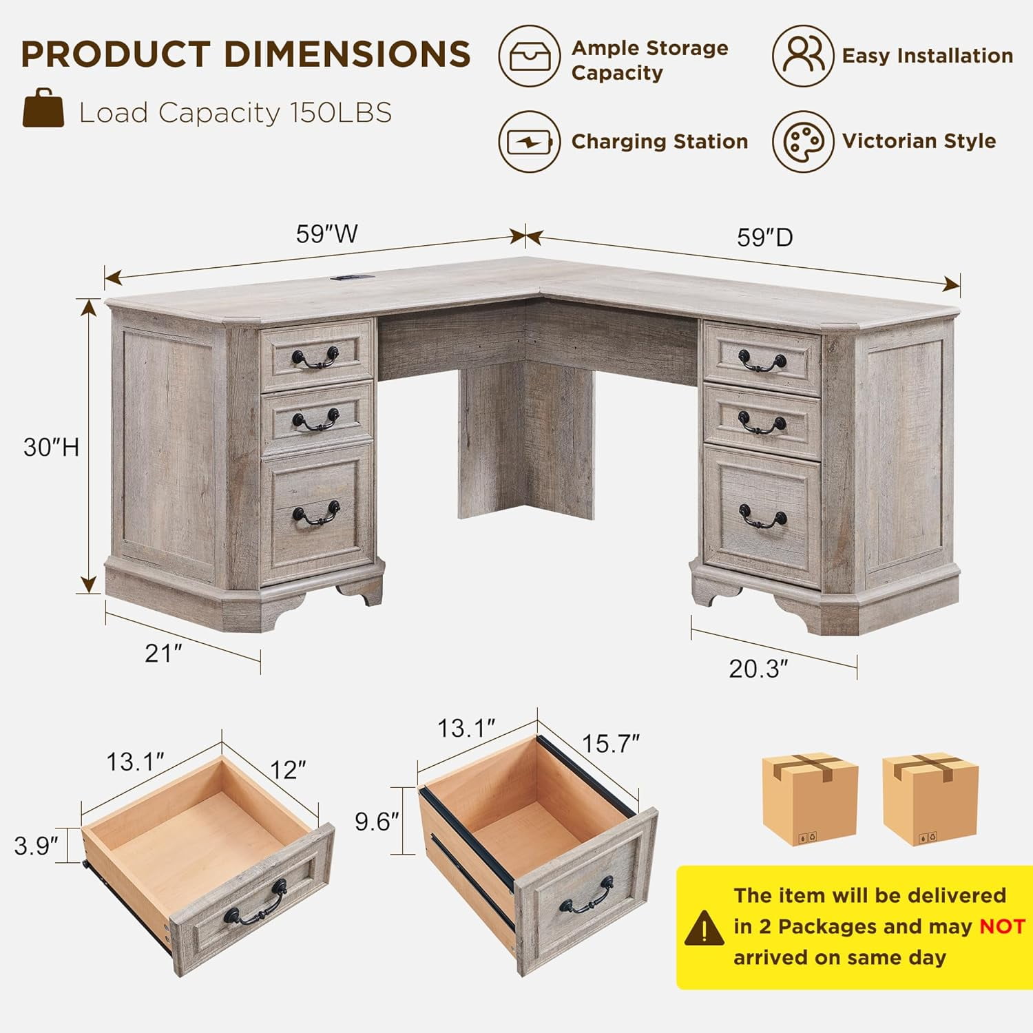 OKD Farmhouse L Shaped Desk with Charging Station and Drawers，Engineered Wood Executive Desk，for Home Office & Living Room