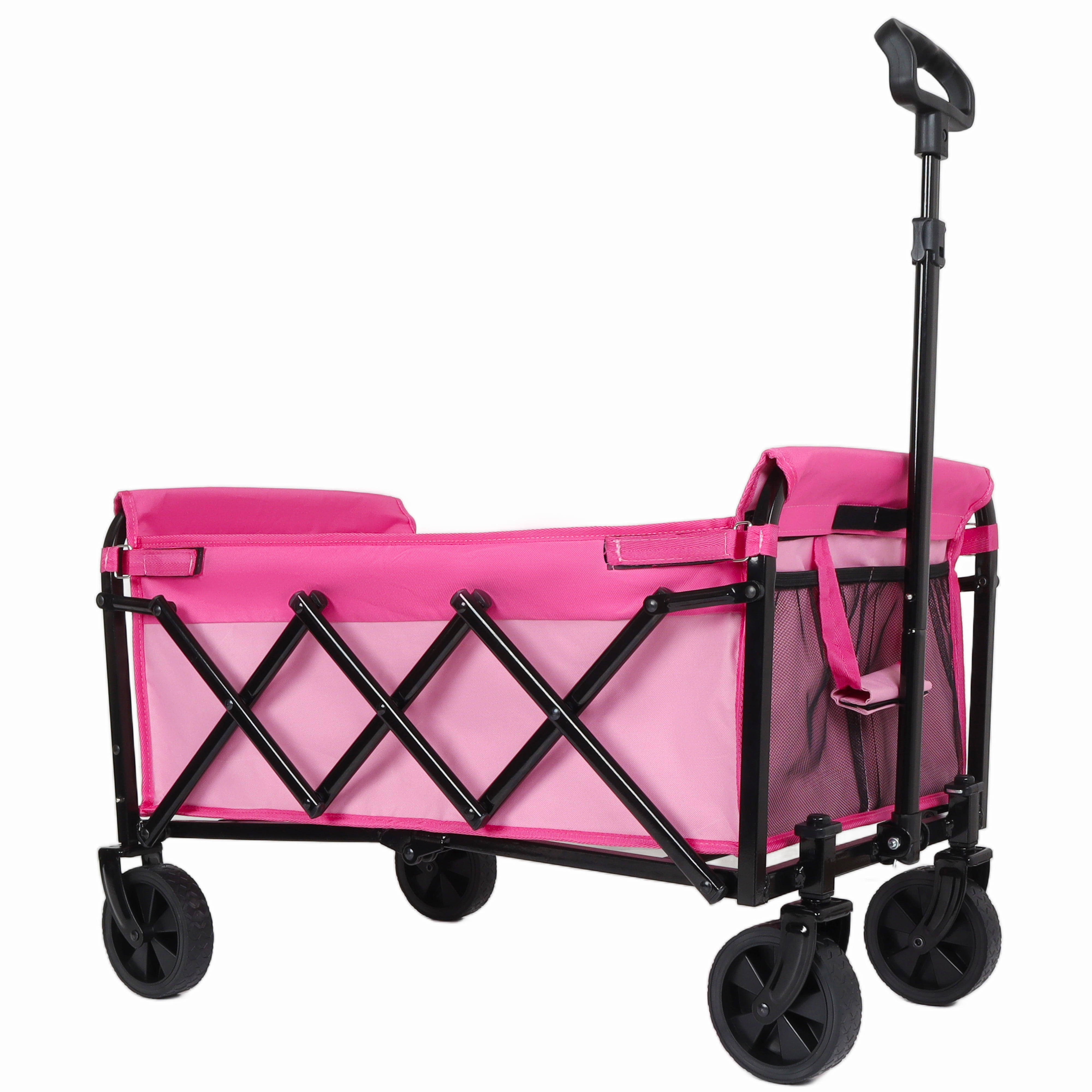 Collapsible Wagon with Wheels, Lightweight Utility Camping Wagons Carts Foldable with 360lbs Weight Capacity, Carts with Cup Holders for Garden, Sports, Grocery, Shopping (Pink)